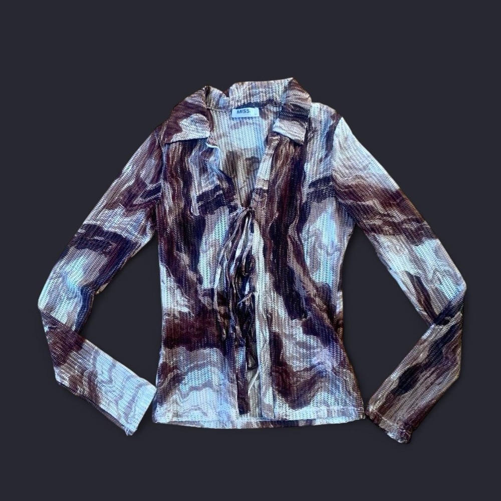 Miss Sixty Brown and Cream Tie-Front Long Sleeve Blouse